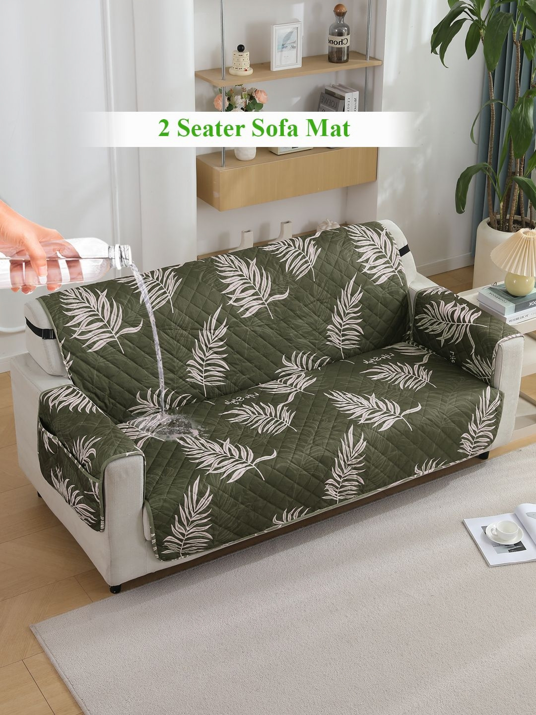 HOKIPO Olive Green & White Printed Waterproof 2 Seater Sofa Mat with Pockets