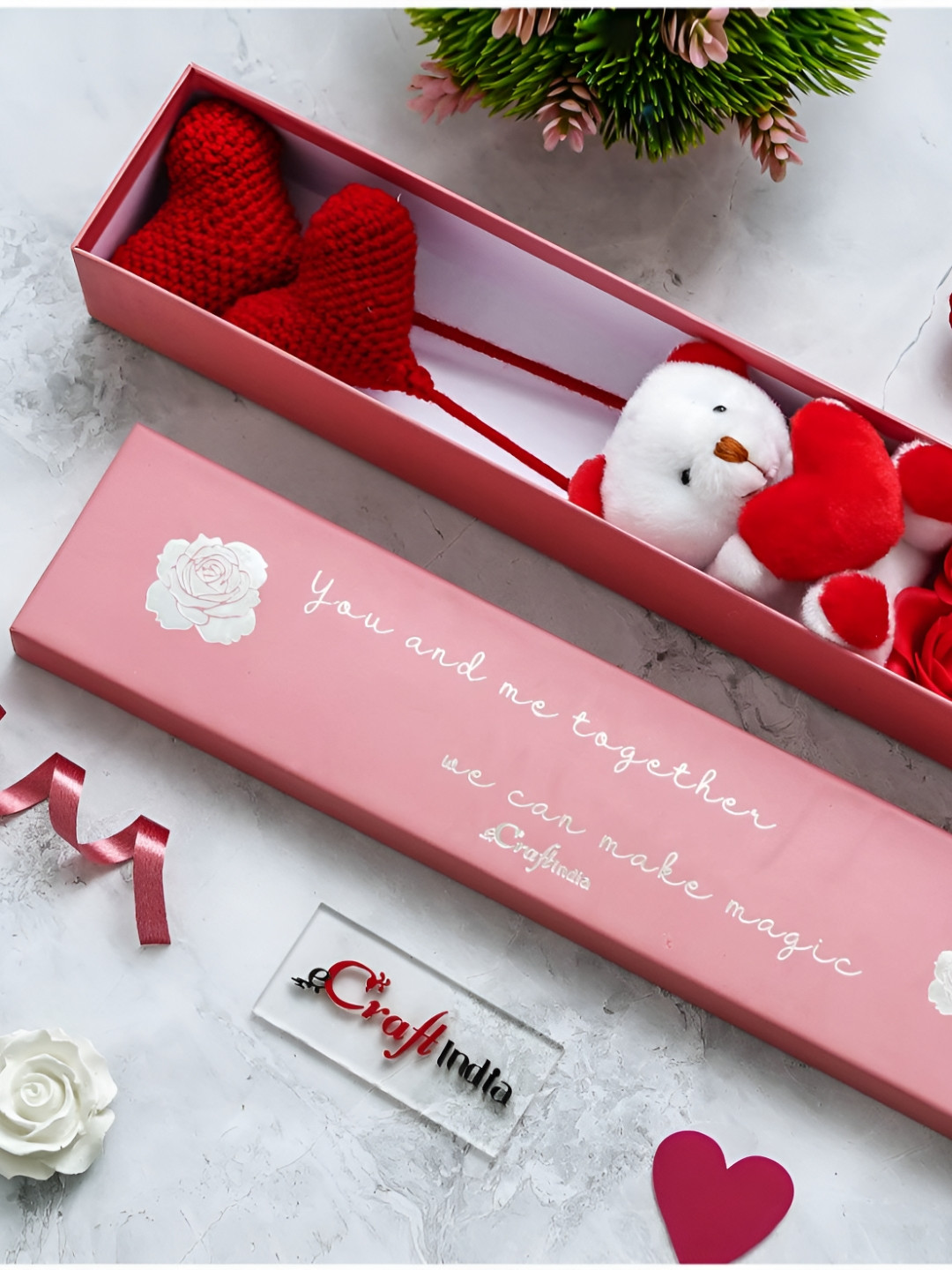 eCraftIndia Red & White Cute Teddy Bear Roses With Heart Sticks Valentine Gift Set