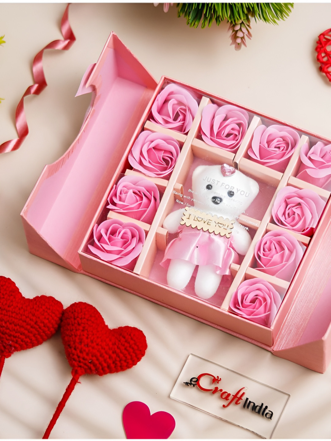 eCraftIndia Cute Teddy Bear With Roses Home Valentine Gift Set