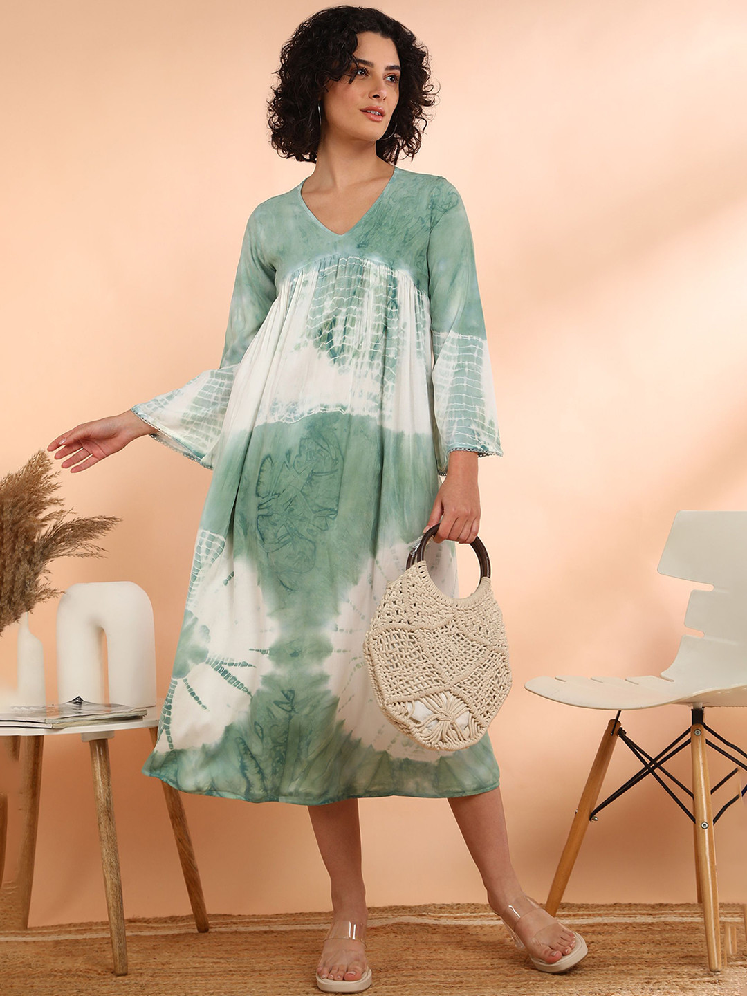 Maaesa Women Printed Rayon Flared Green Dress