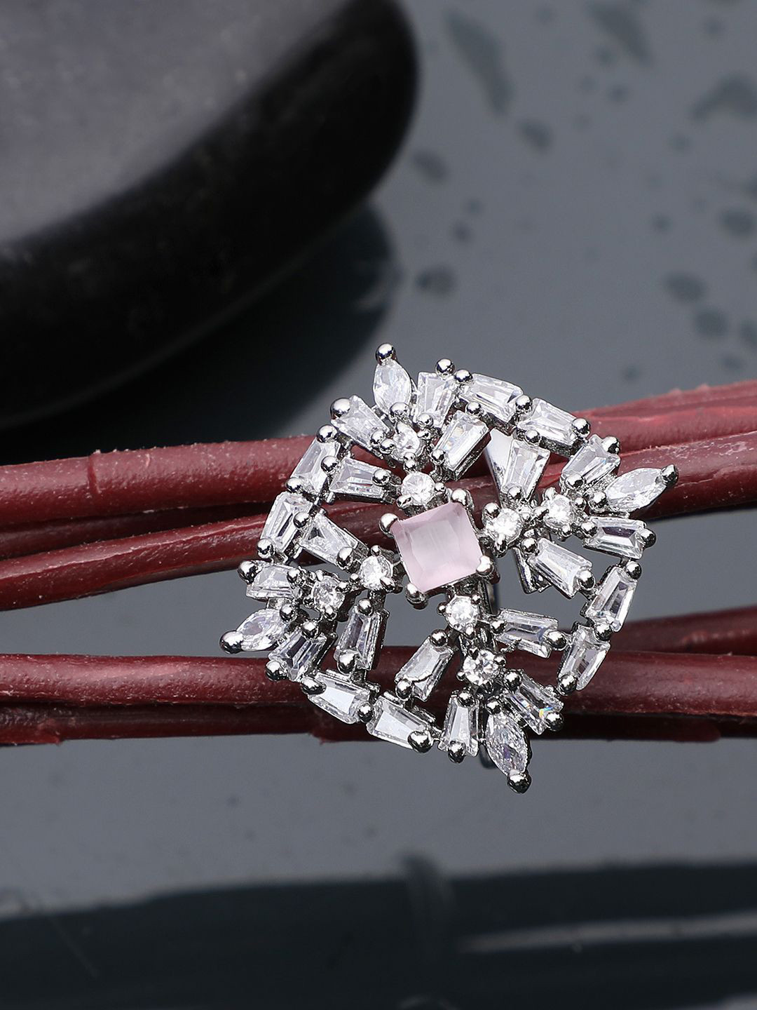 Anouk Silver Plated American Diamond Stone Studded Square Shape Finger Ring