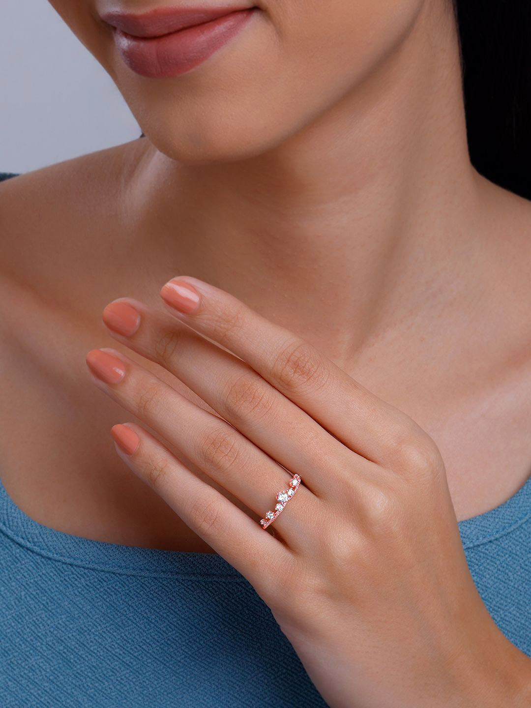 GIVA 925 Silver Rose Gold-Plated Cubic Zirconia Studded Gleam Ring  Fixed Size Indian - 12