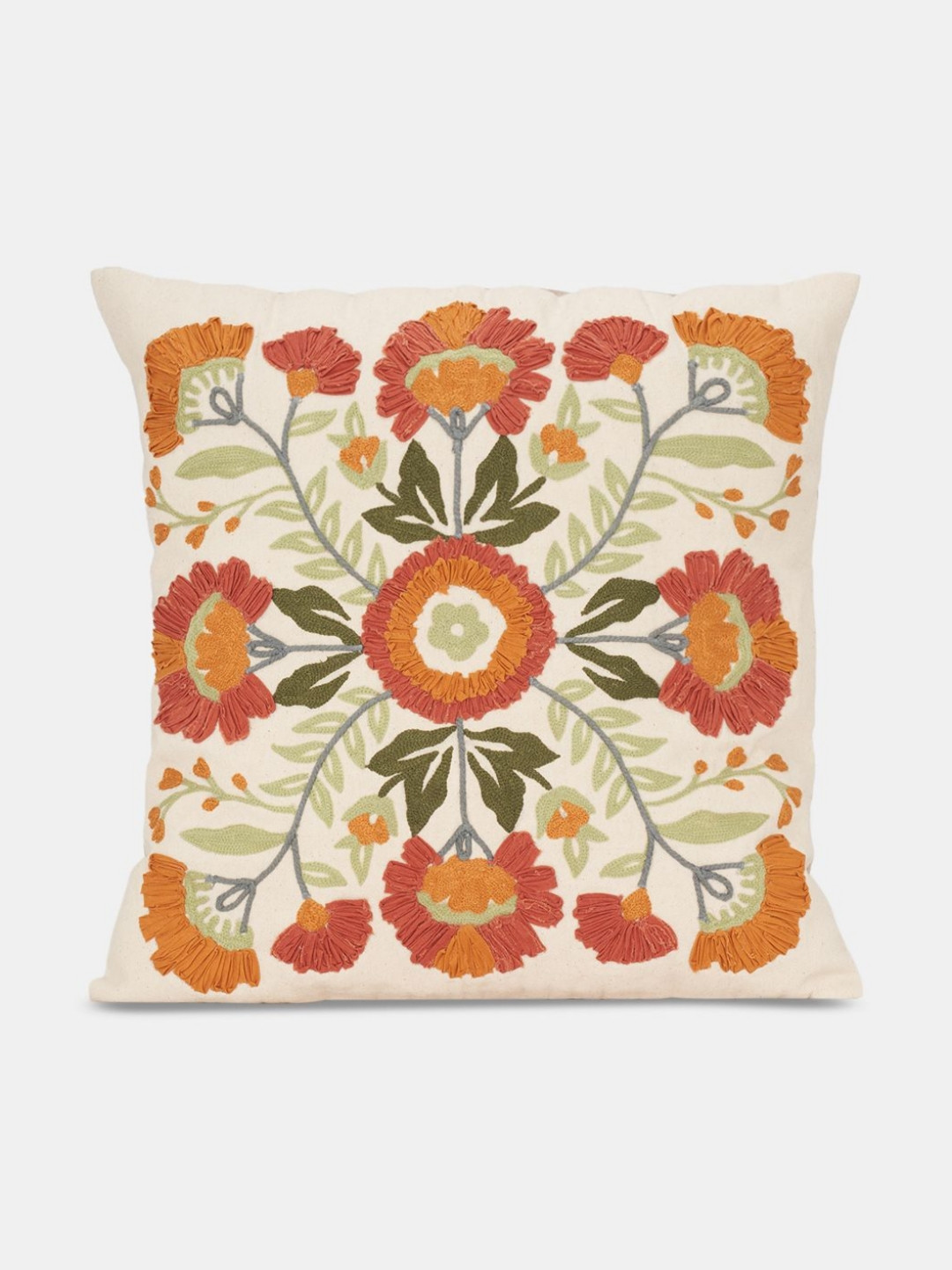 Living scapes by Pantaloons Rust Embroidered Cotton Square Cushion Cover -16x16In