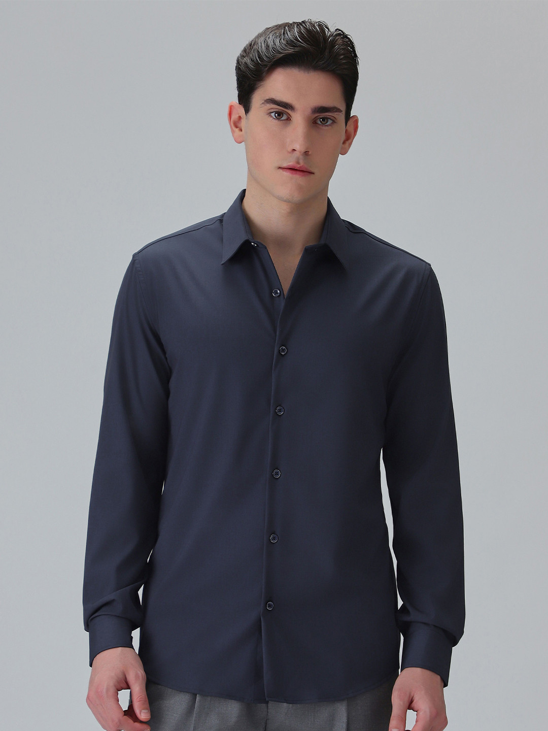 Banana Club Men Melange Dark Blue Wrinkle Free Shirt