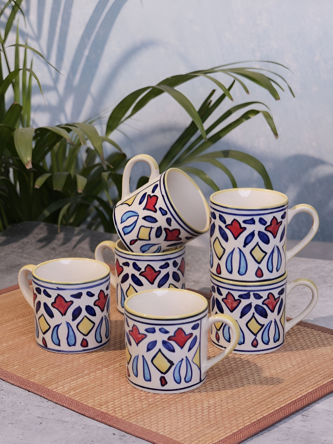 Myntra Elegant Homes Zing White Ethnic Motifs Ceramic Microwave Safe 6 Piece Cups-150ml
