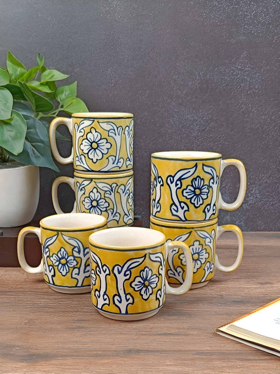 Myntra Elegant Homes Rakshabandhan Gift Yellow Floral Ceramic Microwave Safe 6 Piece Mugs-130ml