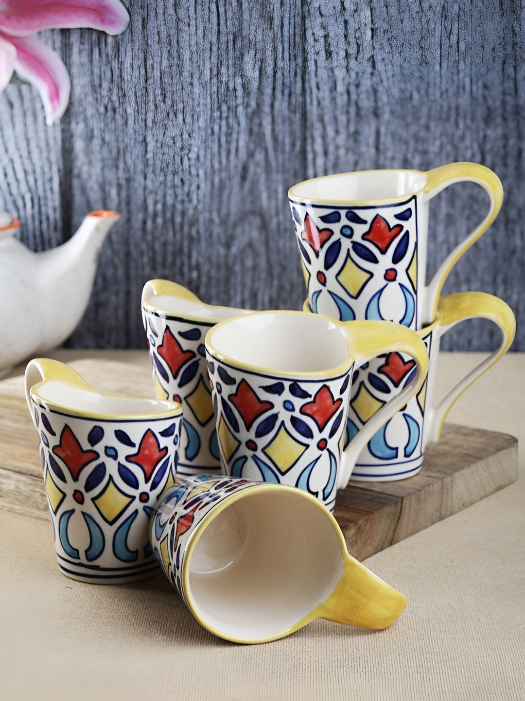 Myntra Elegant Homes Sorry Theme White Ethnic Motifs Ceramic Microwave Safe 6 Piece Mugs-150ml