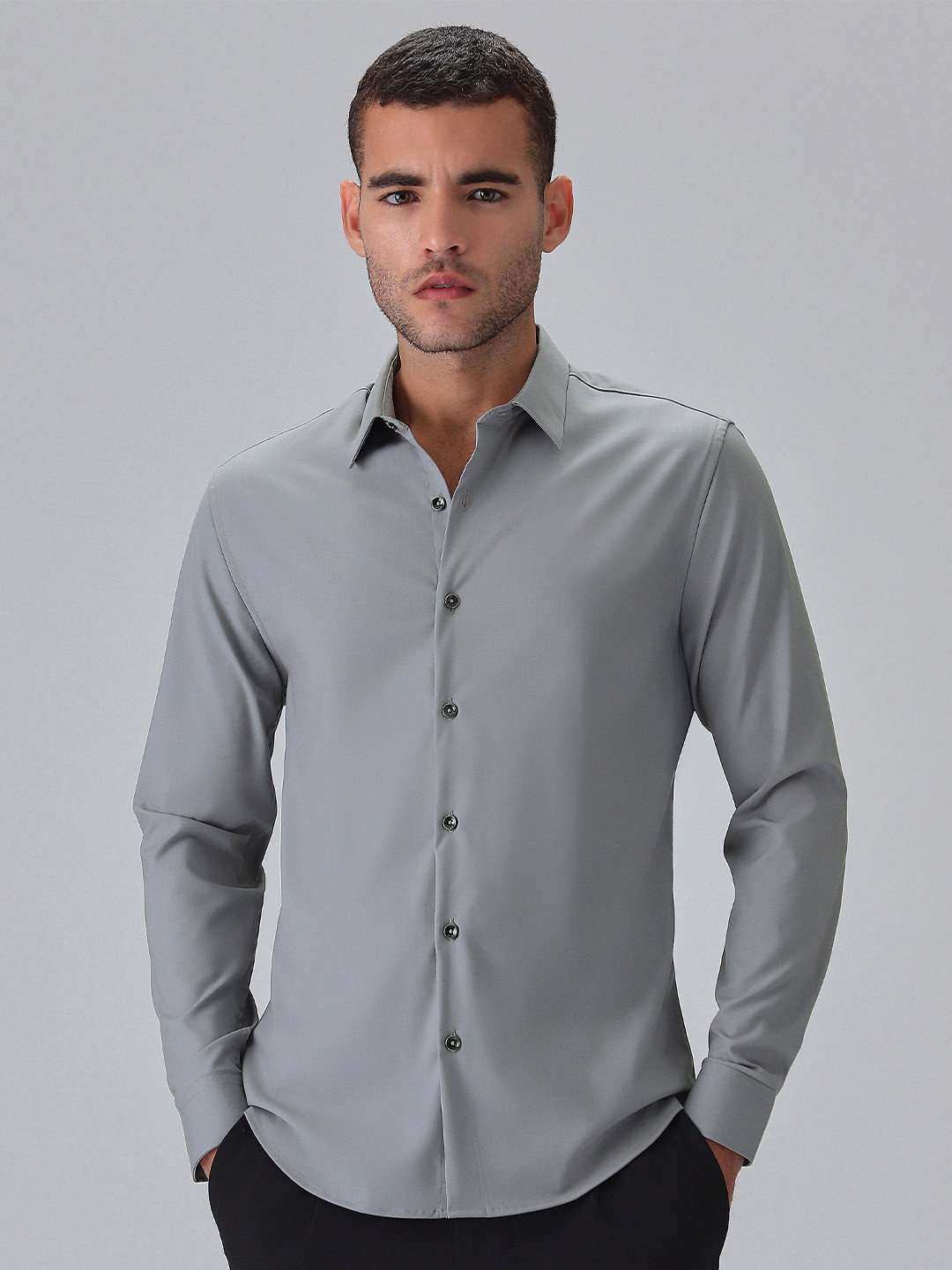 Banana Club Men Melange Dark Grey Wrinkle Free Shirt