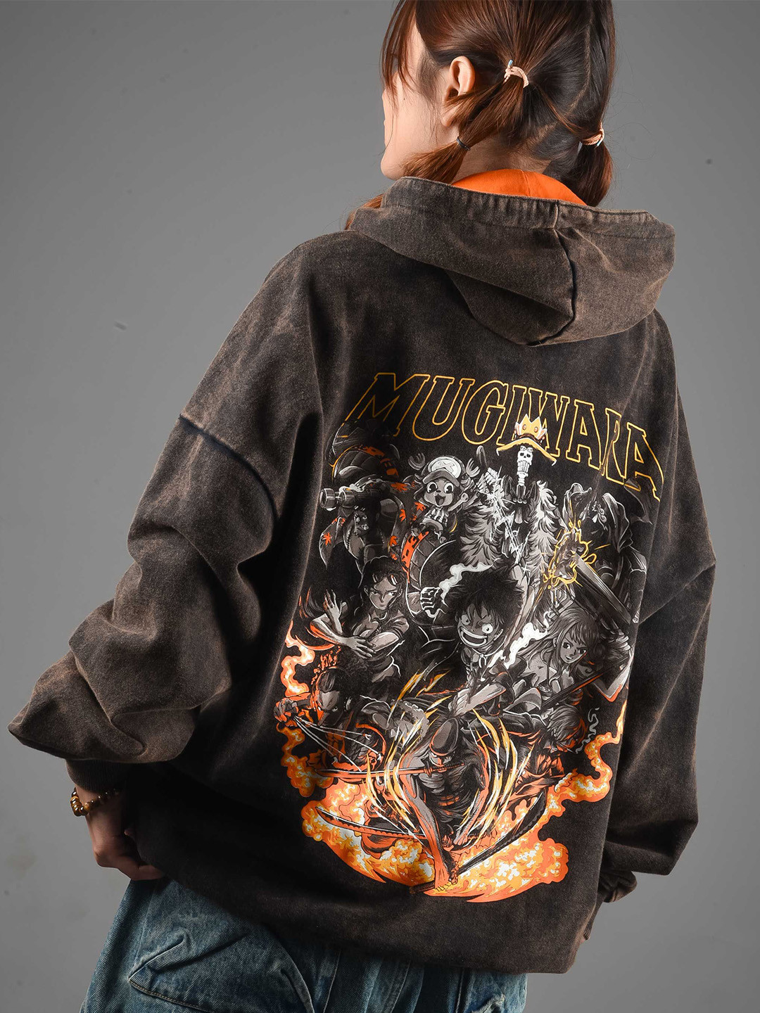 COMICSENSE Men Anime Printed Mugiwara Pirates Oversized Drop Shoulder Sweatshirt