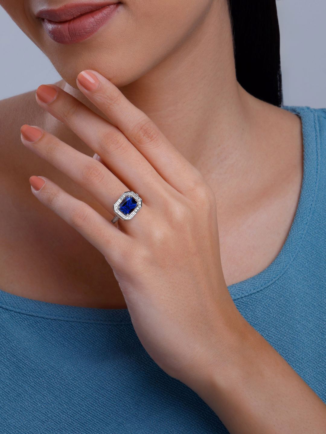 GIVA 925 Silver Rhodium-Plated CZ-Studded Oceanic Beauty Adjustable Finger Ring