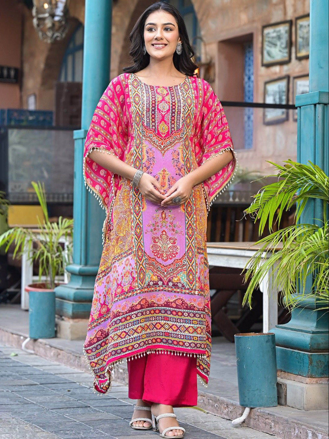 AUTUMN LANE Floral Printed Rounds Neck Kaftan Kurta With Palazzo