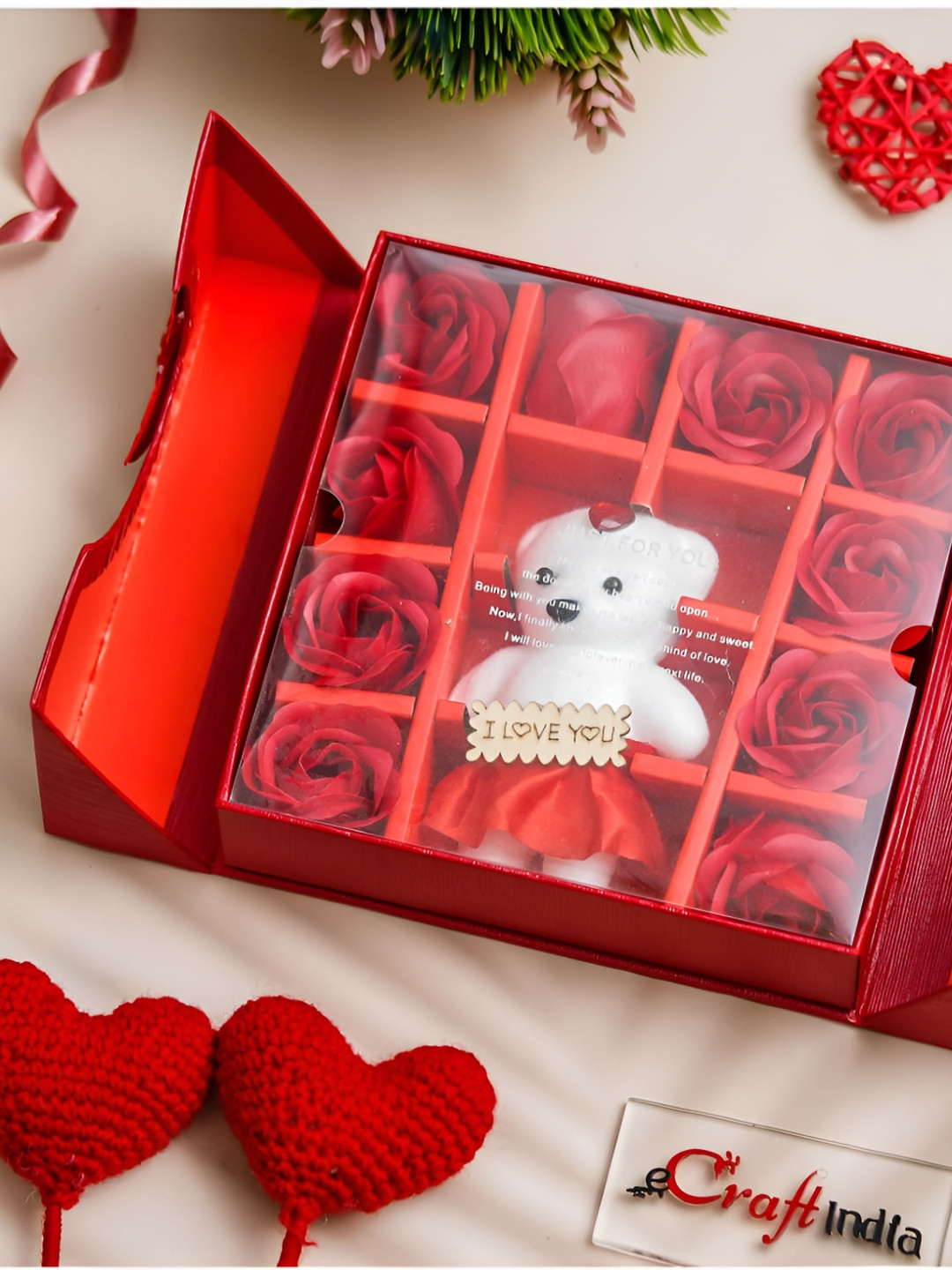 eCraftIndia Red & White Cute Teddy Bear With Roses Home Valentine Gift Set