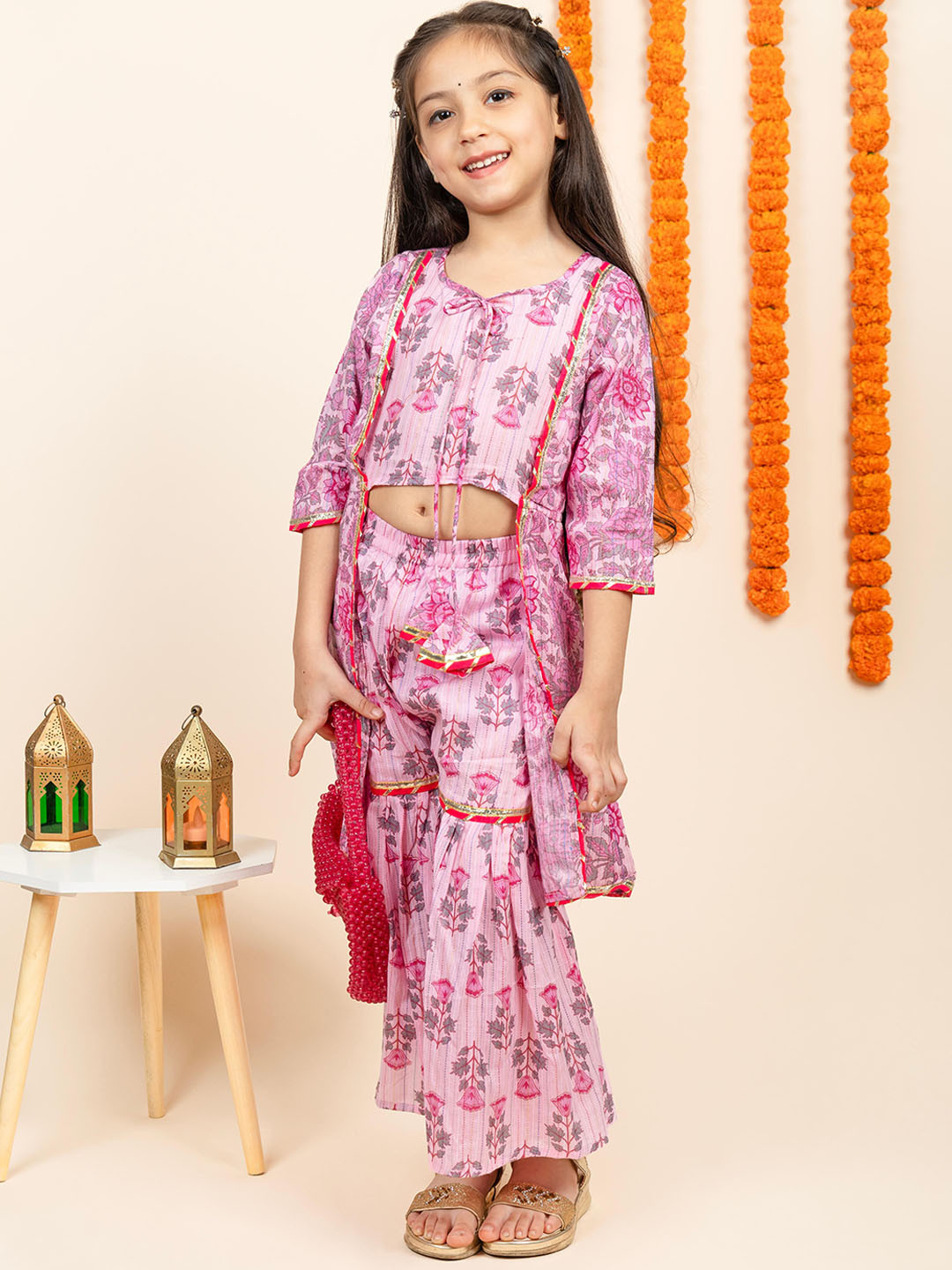 BEBE UNICORN Girls Floral Printed Sweetheart Neck Kurta With Sharara And Jacket