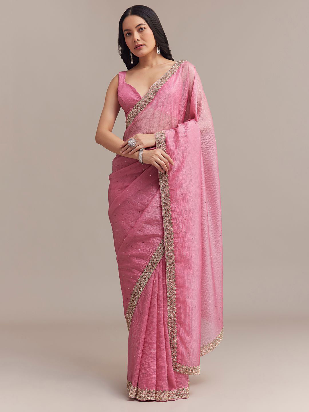 KALKI Fashion Women Embellished Baby Pink Crushed Saree
