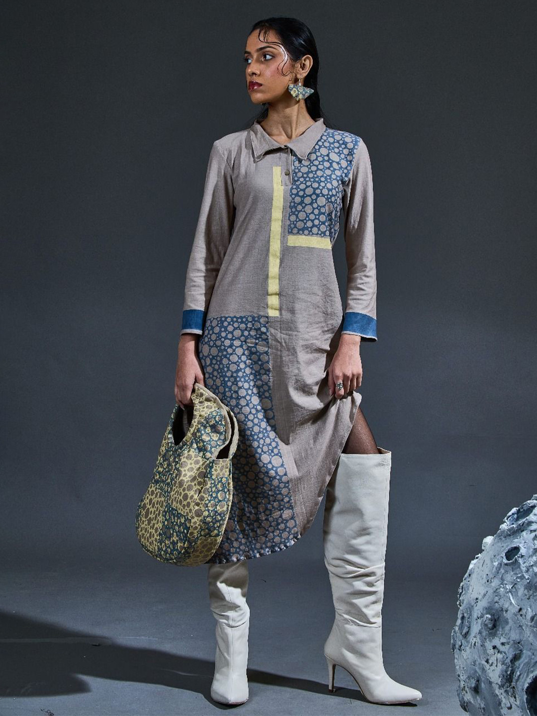 Banana Labs Colourblocked Shirt Collar Asymmetric Hem Shirt Midi Dress