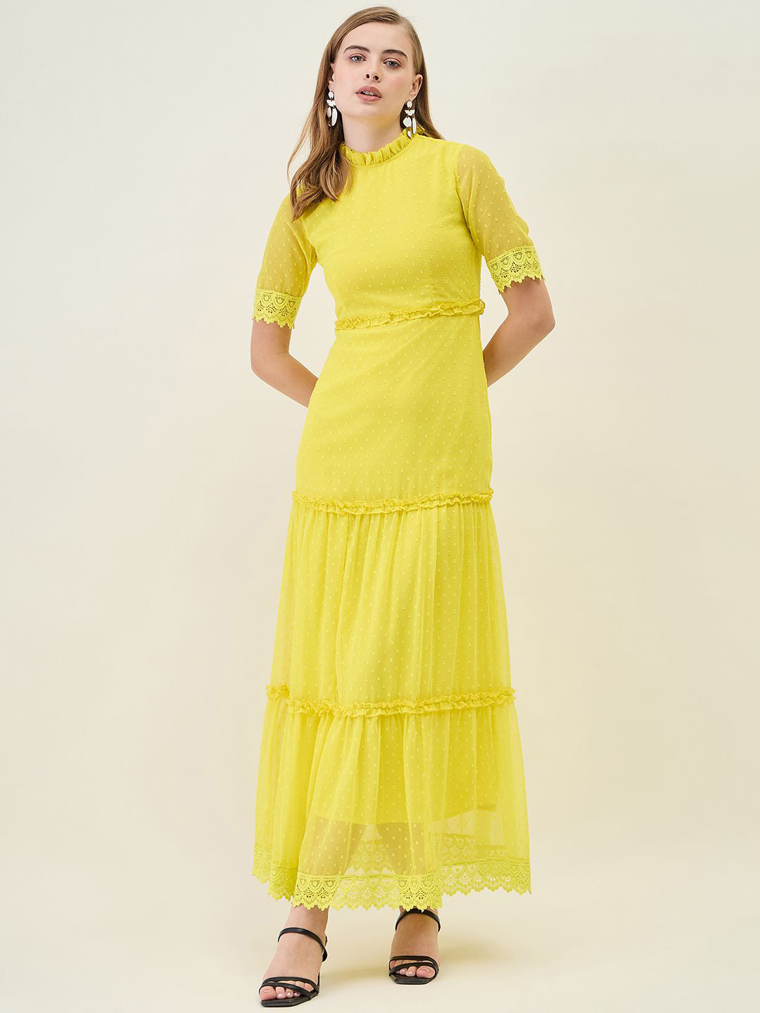 aayu Self Design Ruffles Georgette Lace Inserts Tiered Maxi Dress