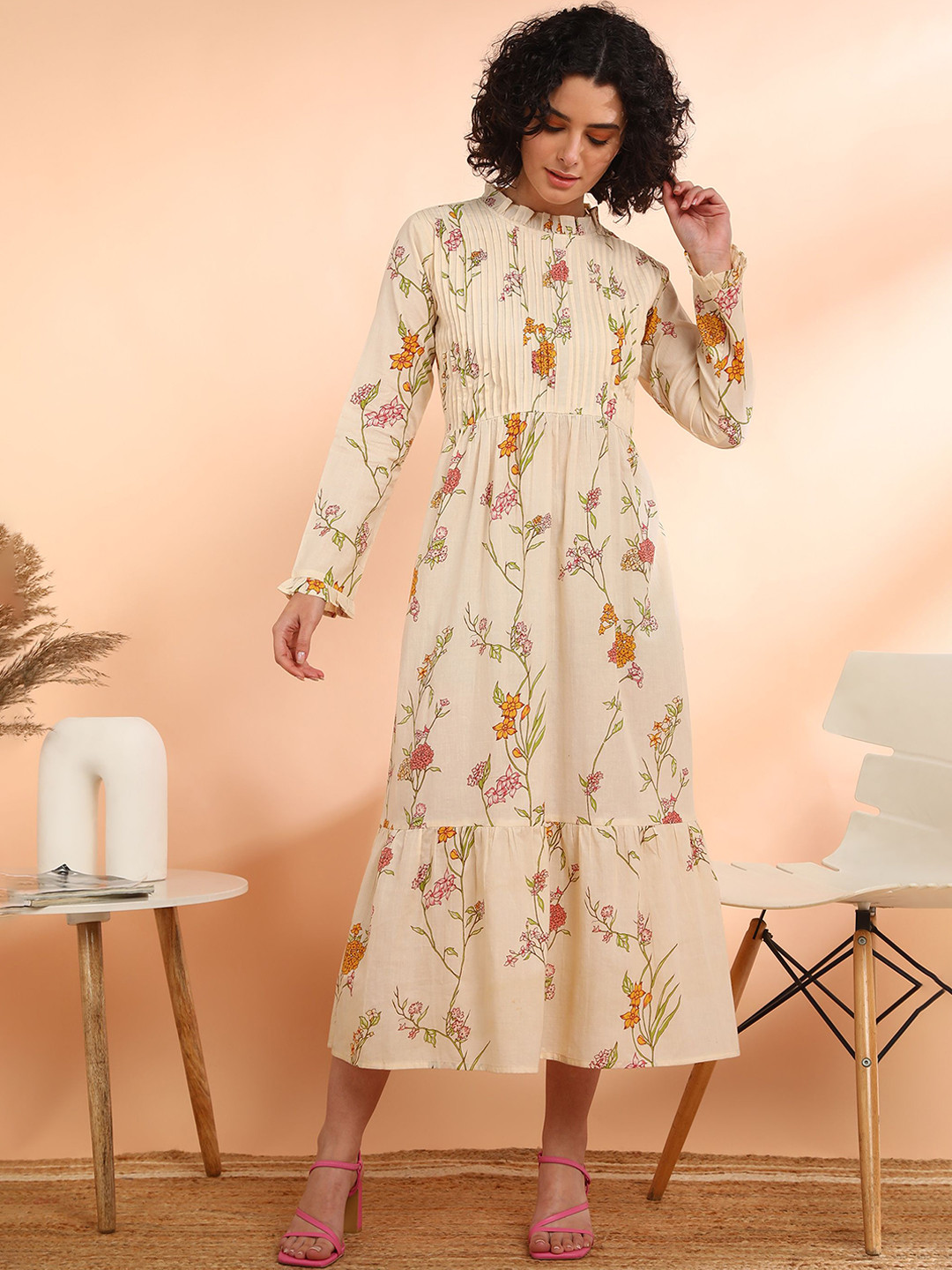 Maaesa Women Floral Cotton Blend Flared Yellow Dress