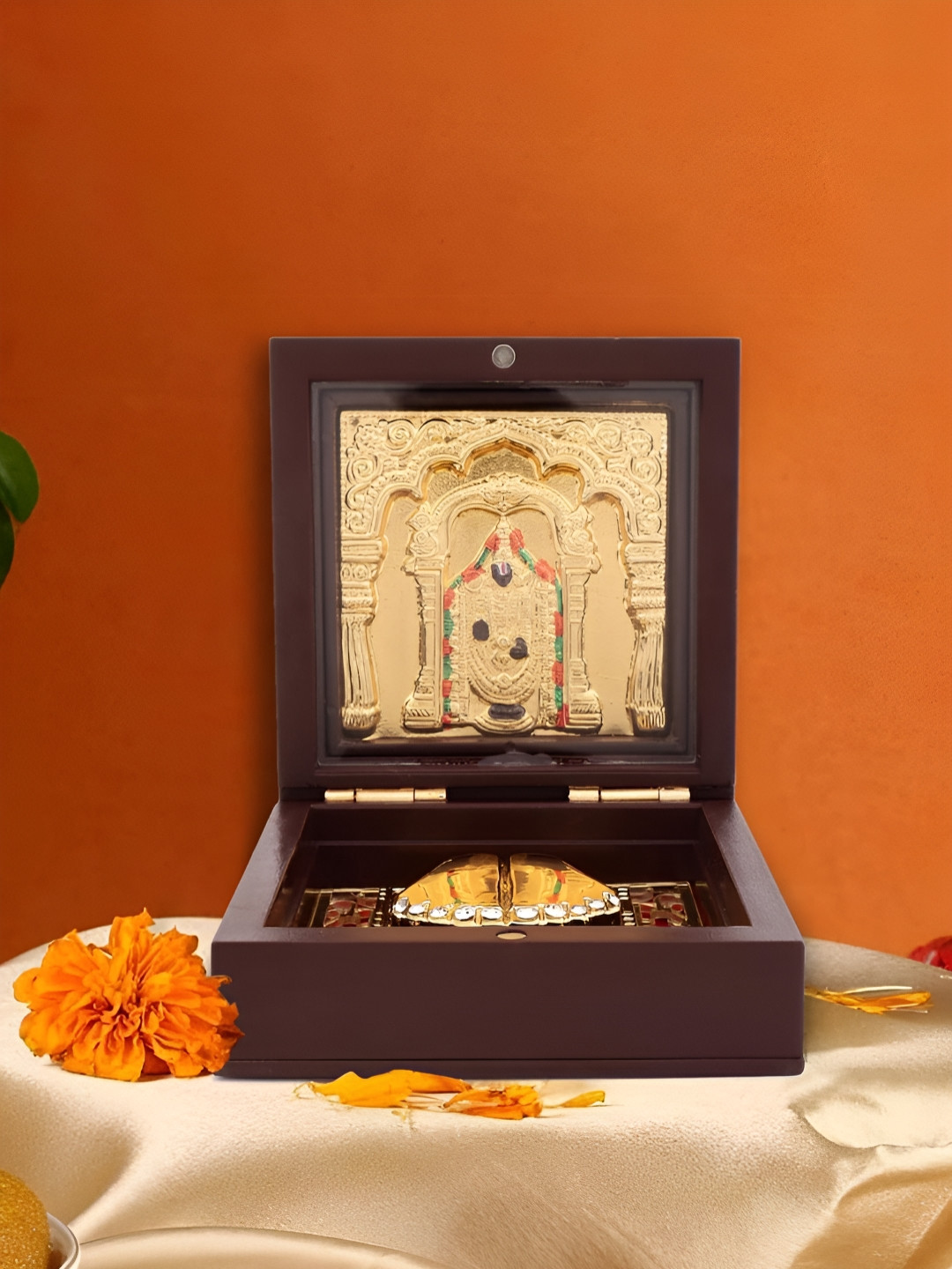 INTERNATIONAL GIFT Lord Venkateshwar Frame with Charan Paduka Gold Metal Metallic Prayer Room Small Showpiece - 3 Inches