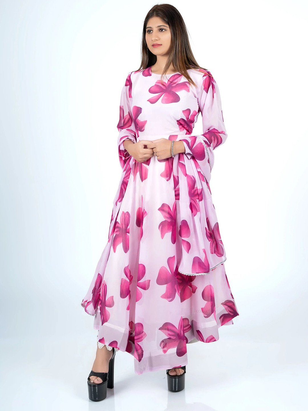 Raiyani Fashion Floral Print Fit & Flare Maxi Dress With Dupata