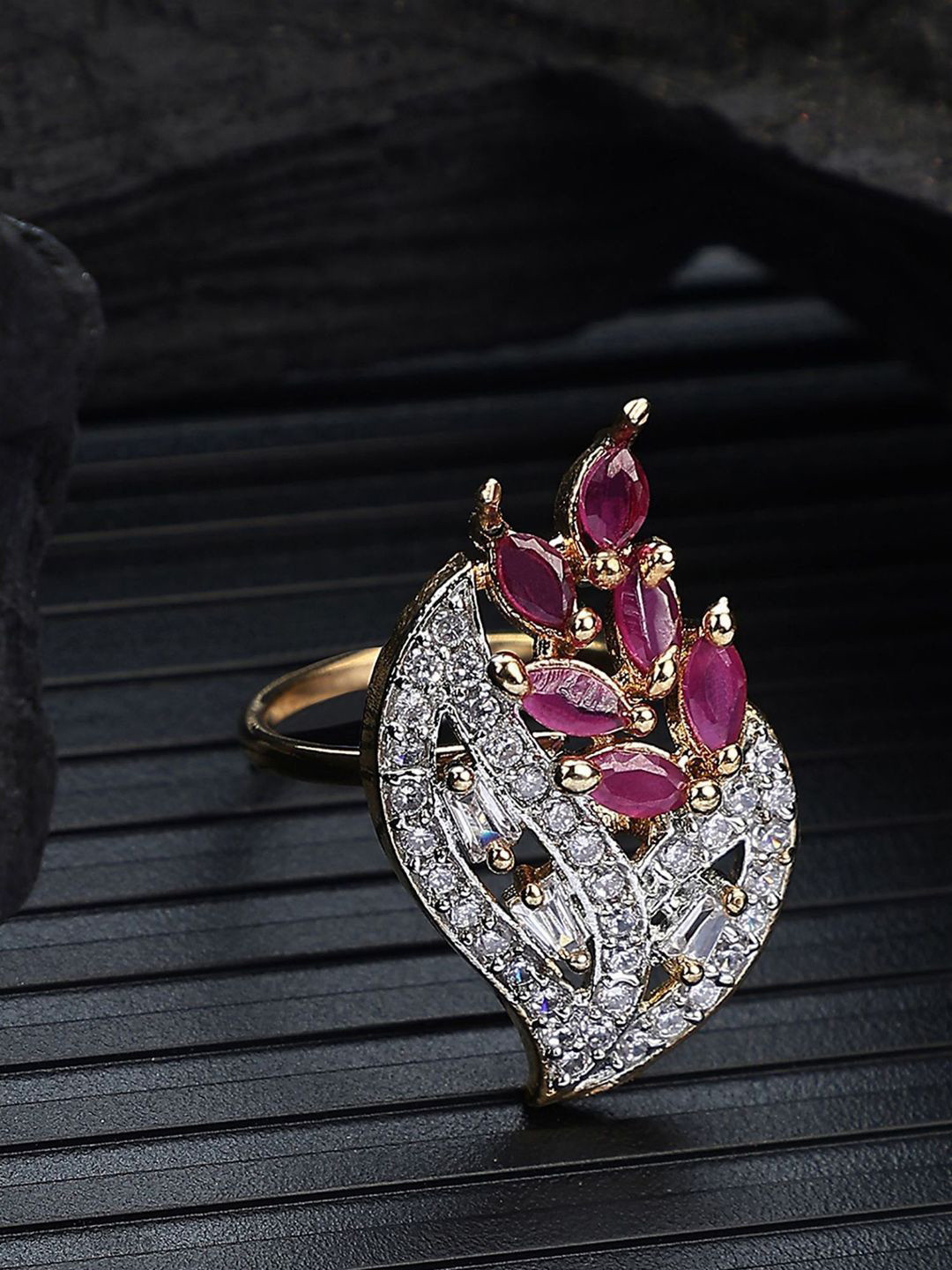 Anouk Gold Plated American Diamond Stone Studded Leaf Shape Finger Ring