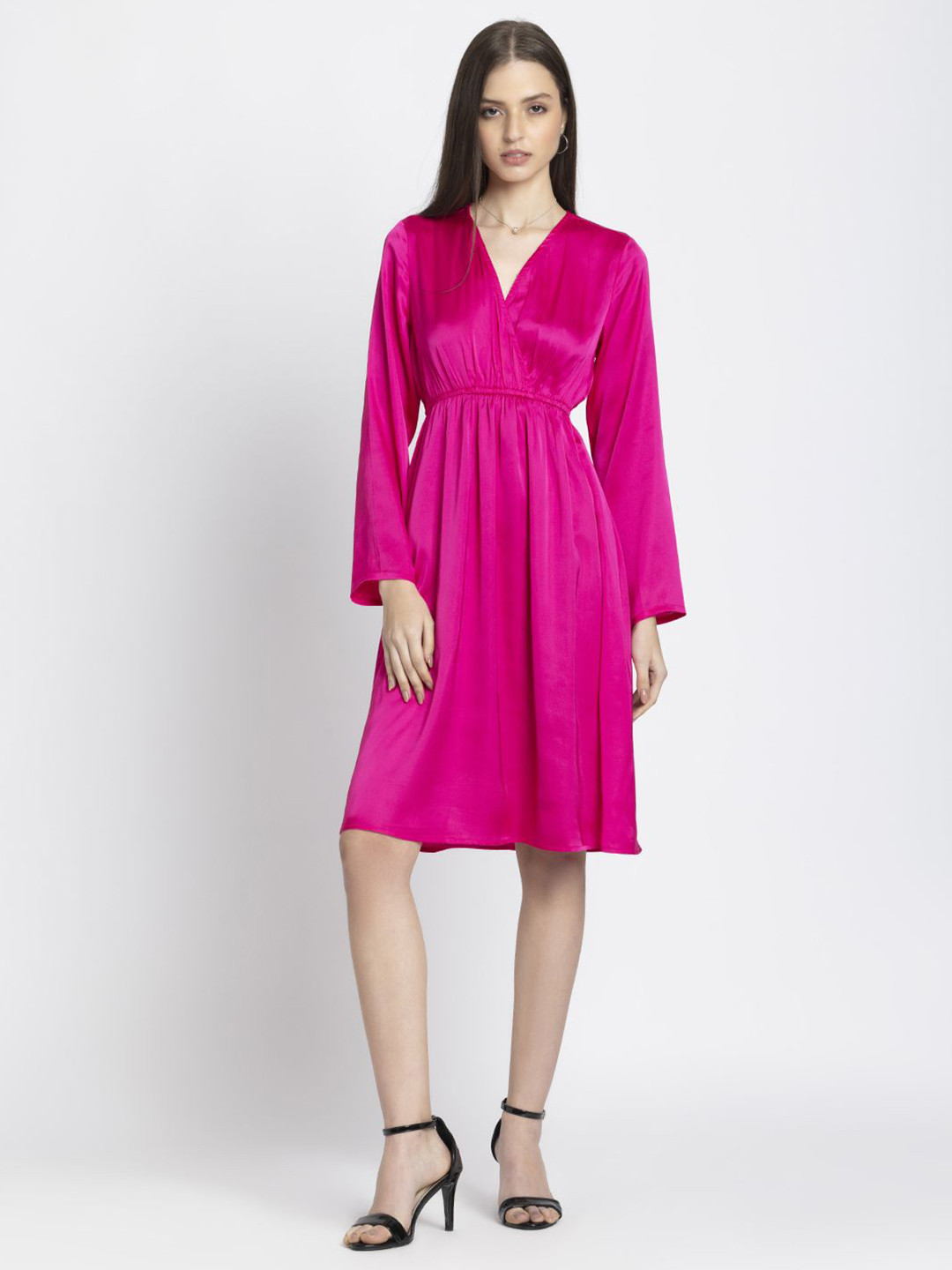 SHAYE Fuchsia V-Neck Solid Full Sleeves Casual Dresses For Women