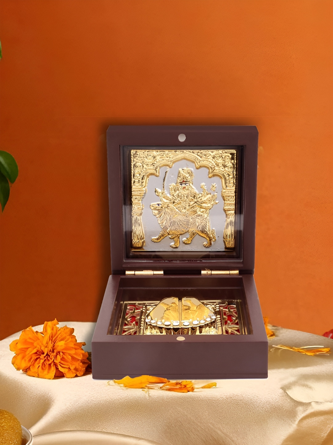 INTERNATIONAL GIFT Goddess Durga Mata with Holy Charan Paduka Gold Metal Metallic Prayer Room Small Showpiece - 3 Inches