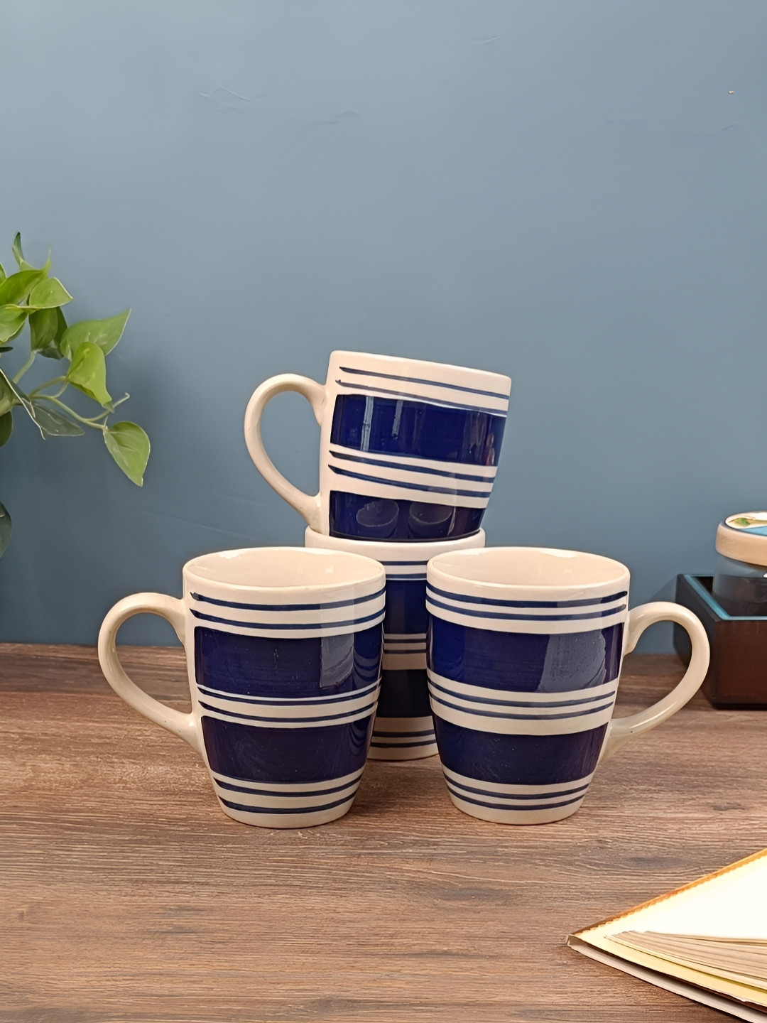 Myntra Elegant Homes OXOX White Striped Ceramic Microwave Safe 4 Piece Mugs-220ml