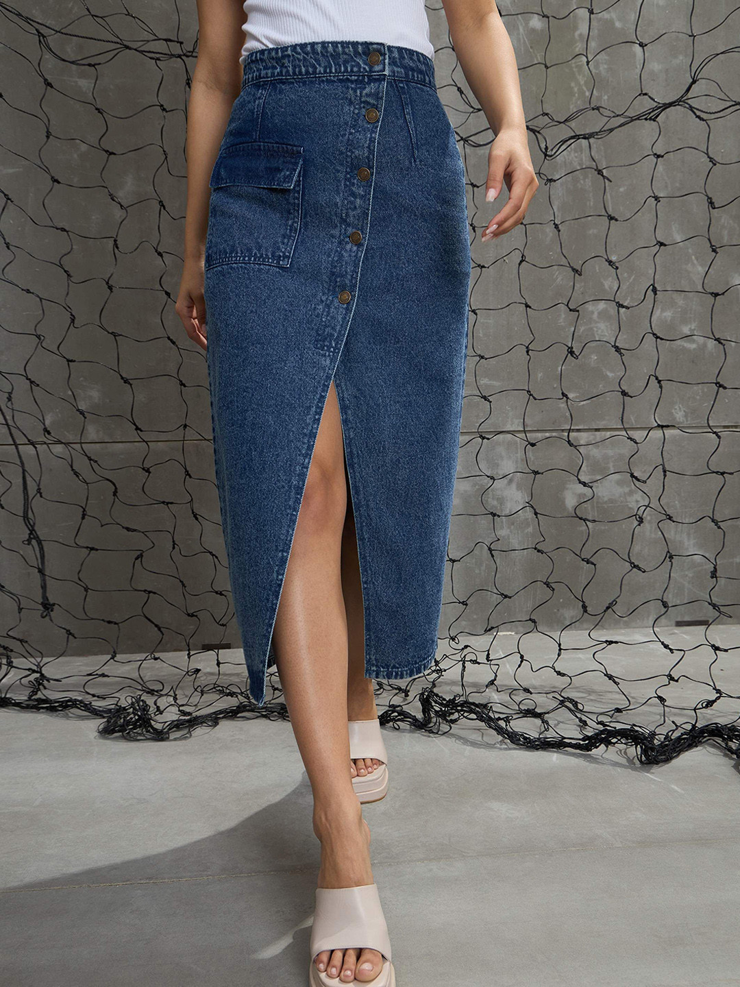 SASSAFRAS Front Button Midi Wrap Denim Skirt