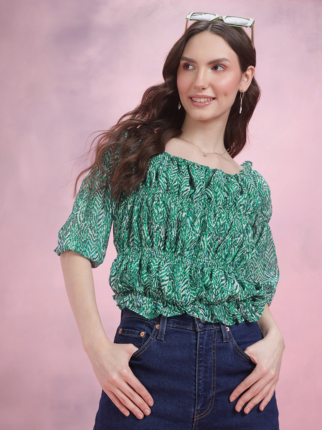 DressBerry Printed Puff Sleeve Smocked Top