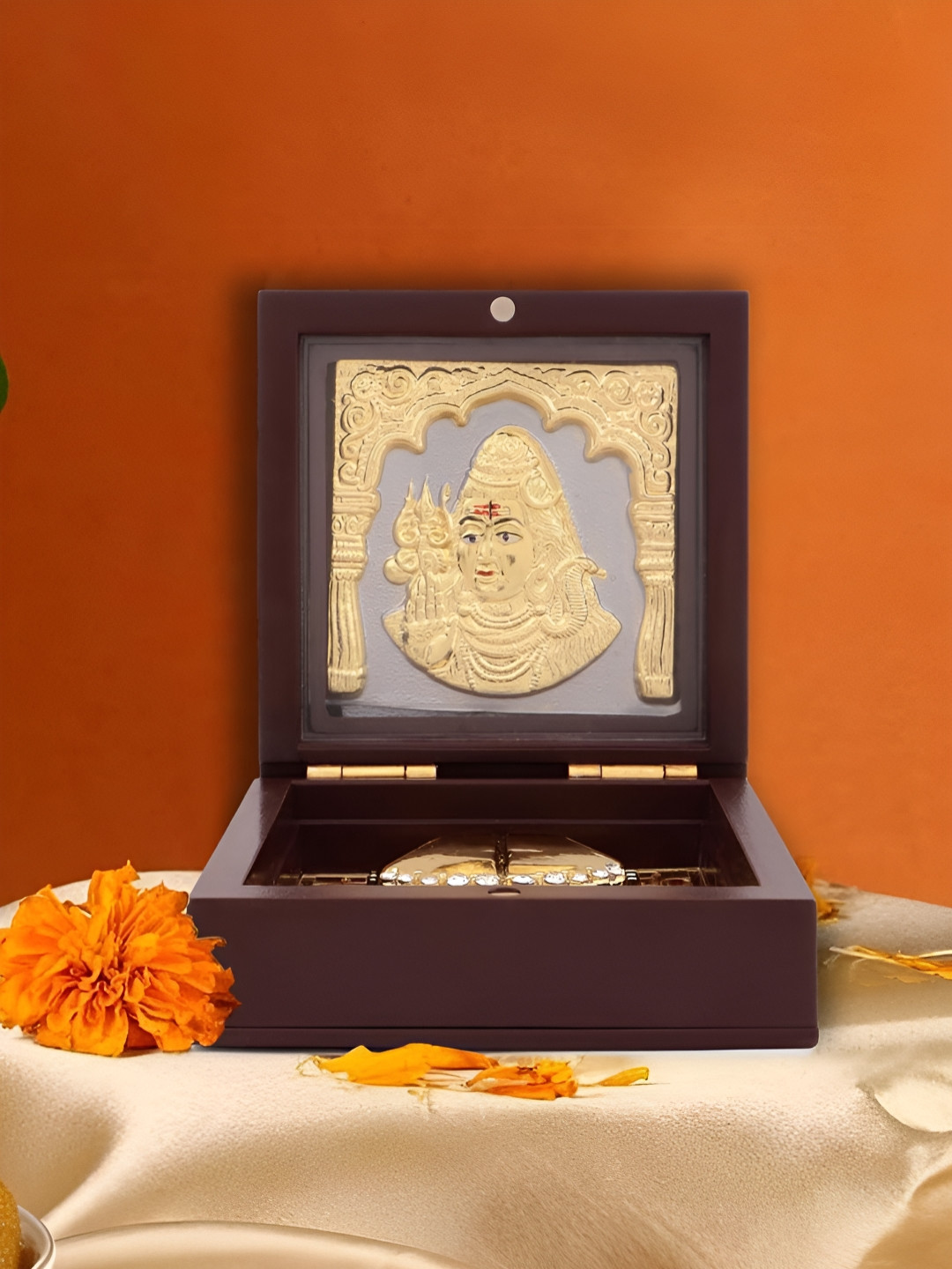 INTERNATIONAL GIFT Lord Shiva Frame with Charan Paduka Gold Aluminium Metallic Prayer Room Small Showpiece - 3 Inches