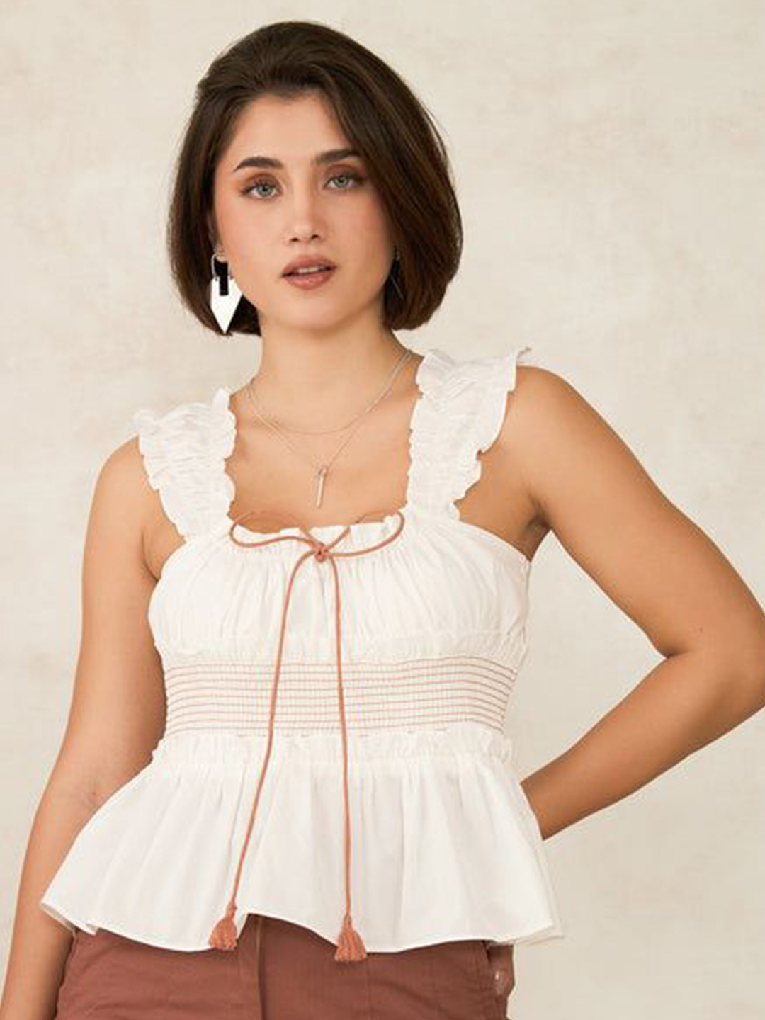 Virgio Pure Cotton Peplum Top With Mocha Trim Detail