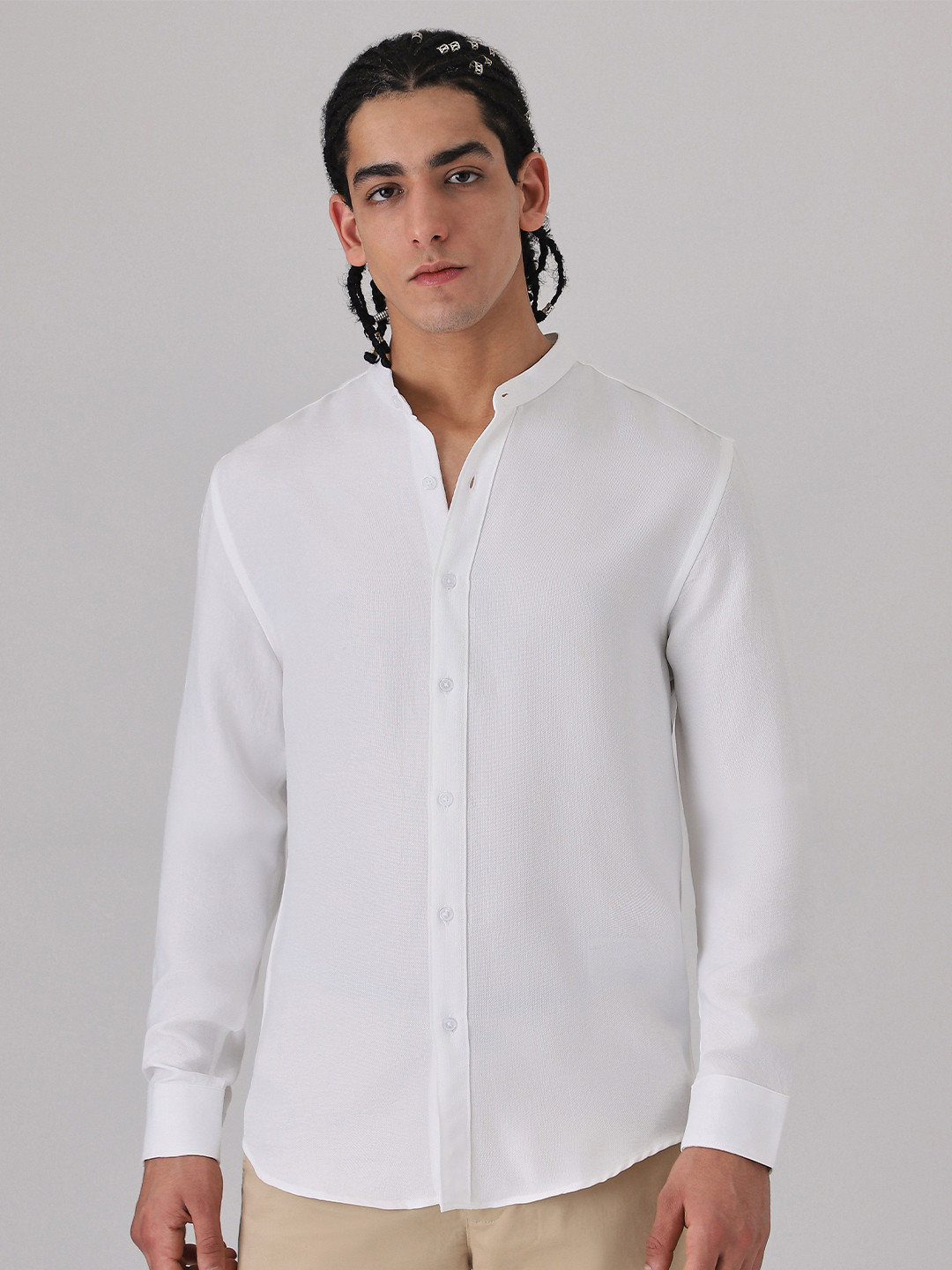 Banana Club Men White Mandarin Collar Shirt