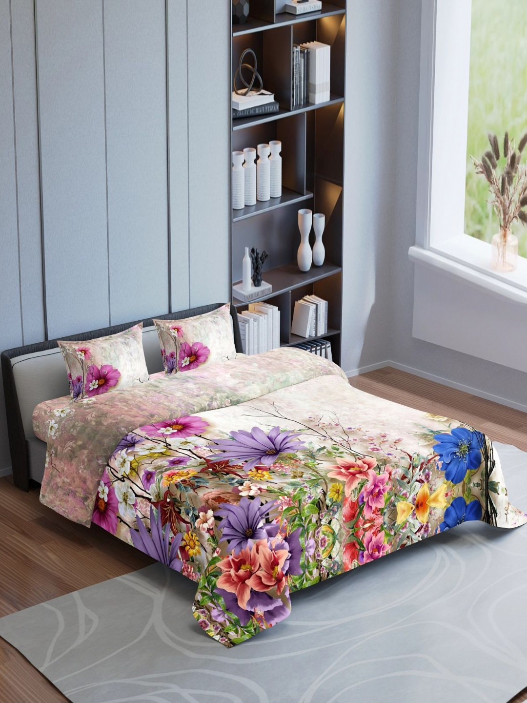 Synergized Cotton Symphony Beige & Pink Printed 300 TC King Bedsheet Set-2.74 m x 2.74 m