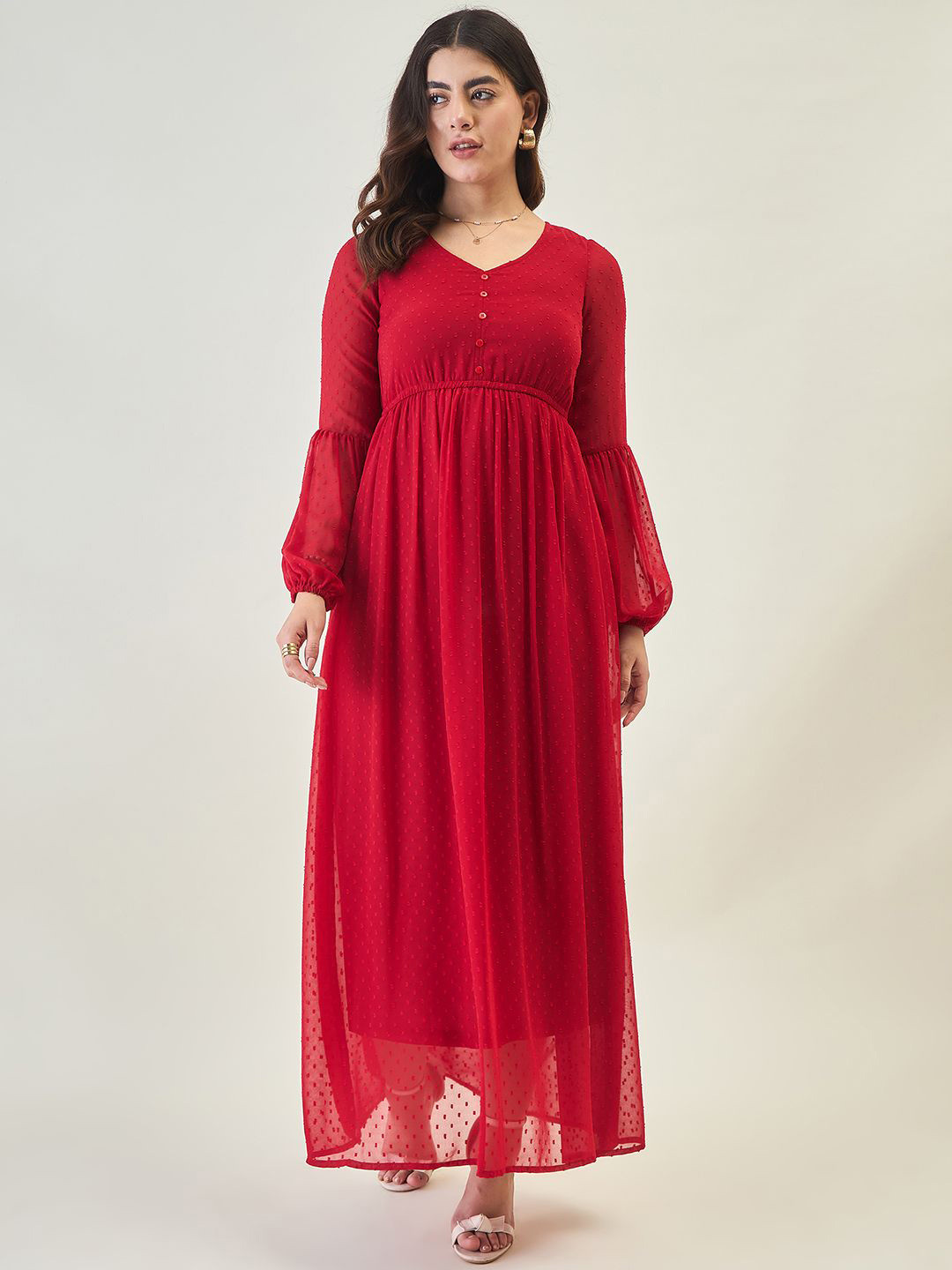 aayu Solid Self Design Puff Sleeve Georgette Fit & Flare Maxi Dress