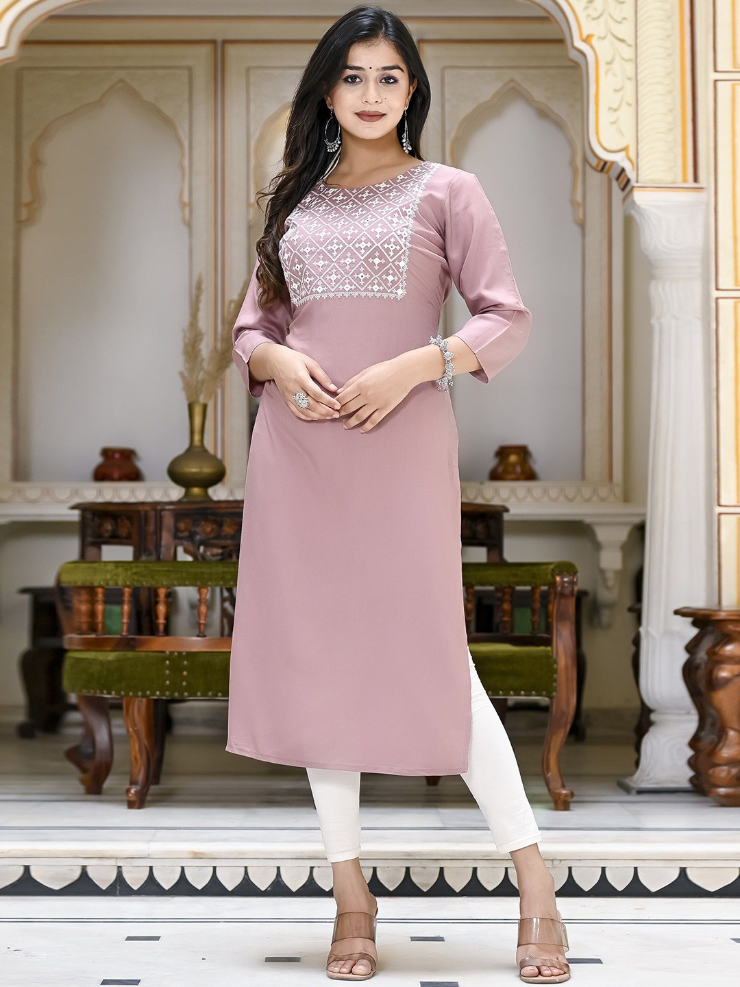 MissKurti Women's Embroidered Straight Mirror Work Kurti