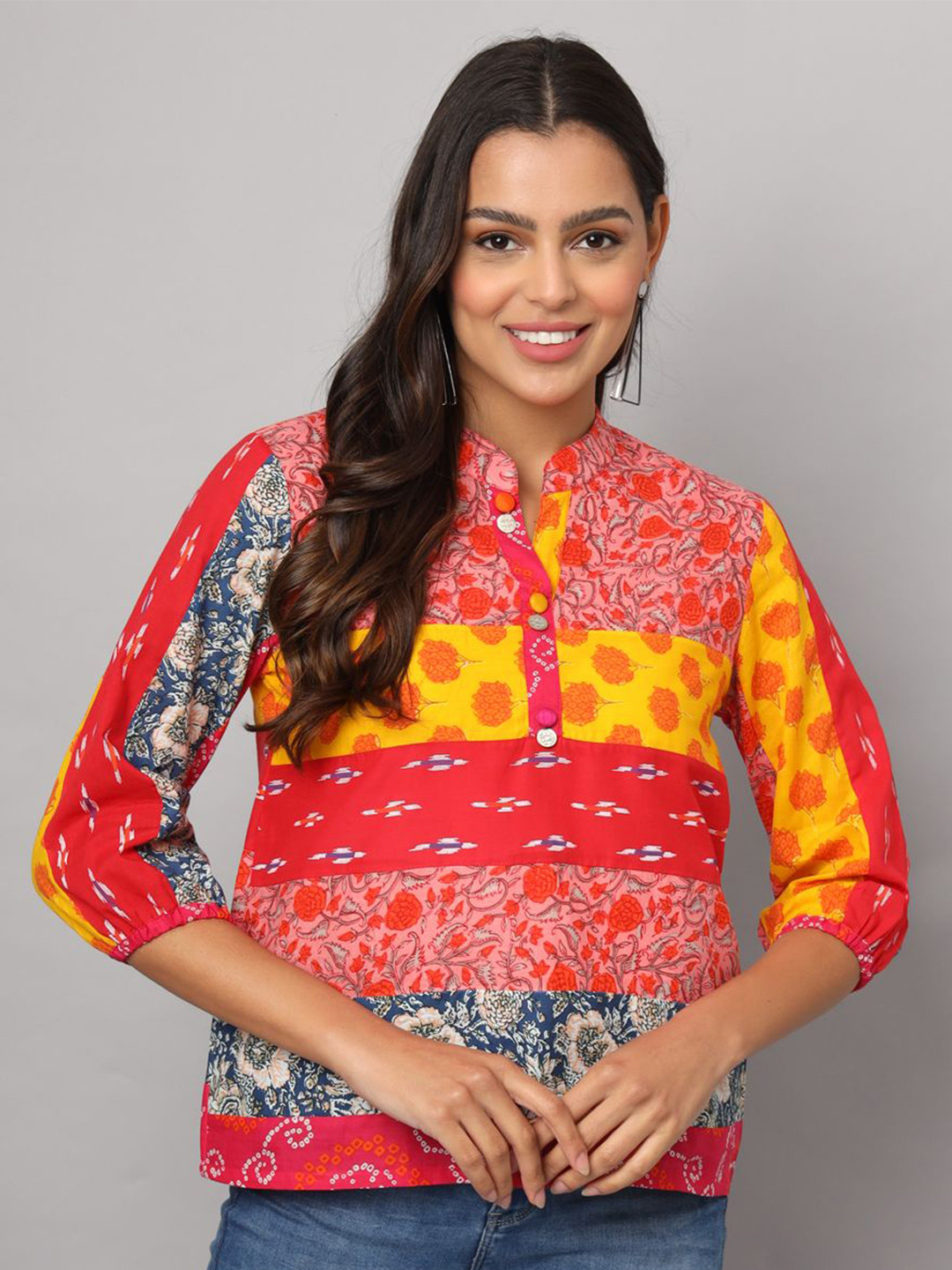 JAPER KURTI Floral Print Mandarin Collar Bohemian Cotton Crop Top