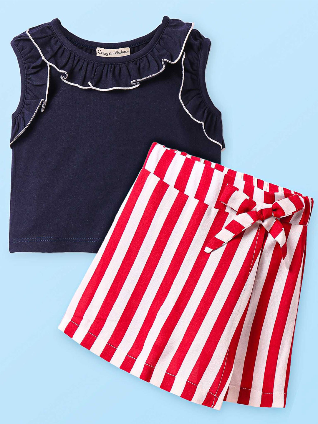 CrayonFlakes Girls Printed Round Neck Pure Cotton Top With Skorts Crop Clothing Set
