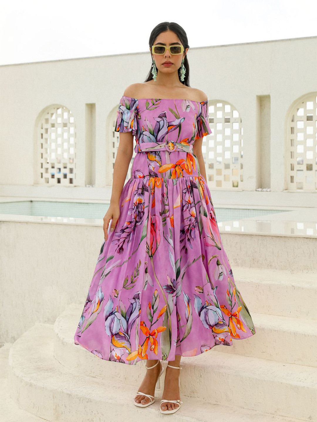 YA-SA Floral Print Off-Shoulder Flutter Sleeve Fit & Flare Maxi Dress