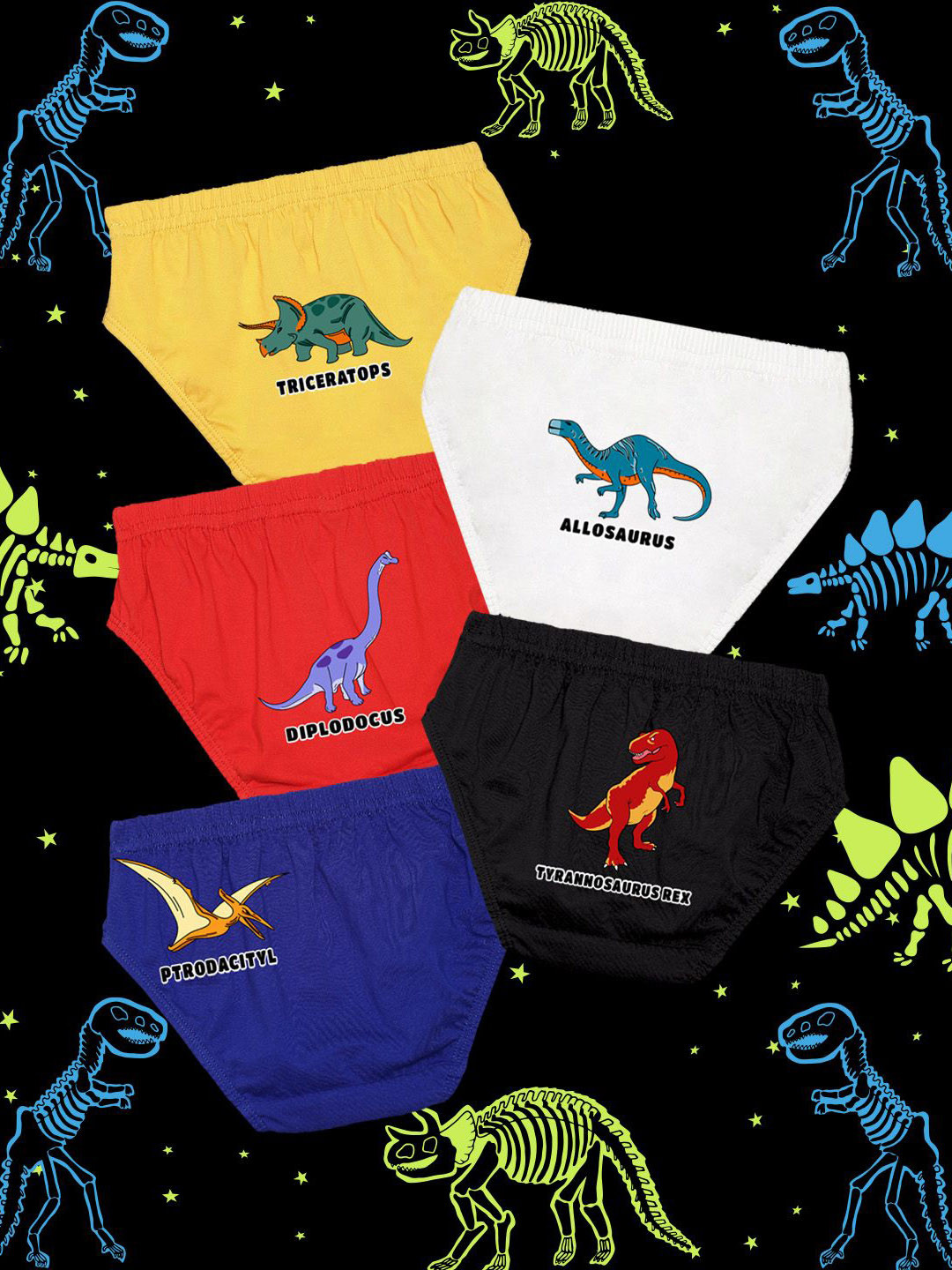 NUSYL Boys Pack Of 5 Dino Expendition Printed Pure Cotton Basic Briefs NUBCBRFPO5.0064