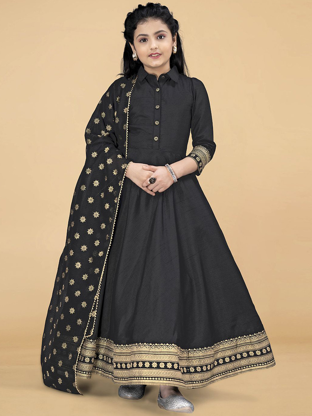 Sangria Girls Printed Fit and Flared Shirt Collar Maxi Ethnic Dress With Dupatta
