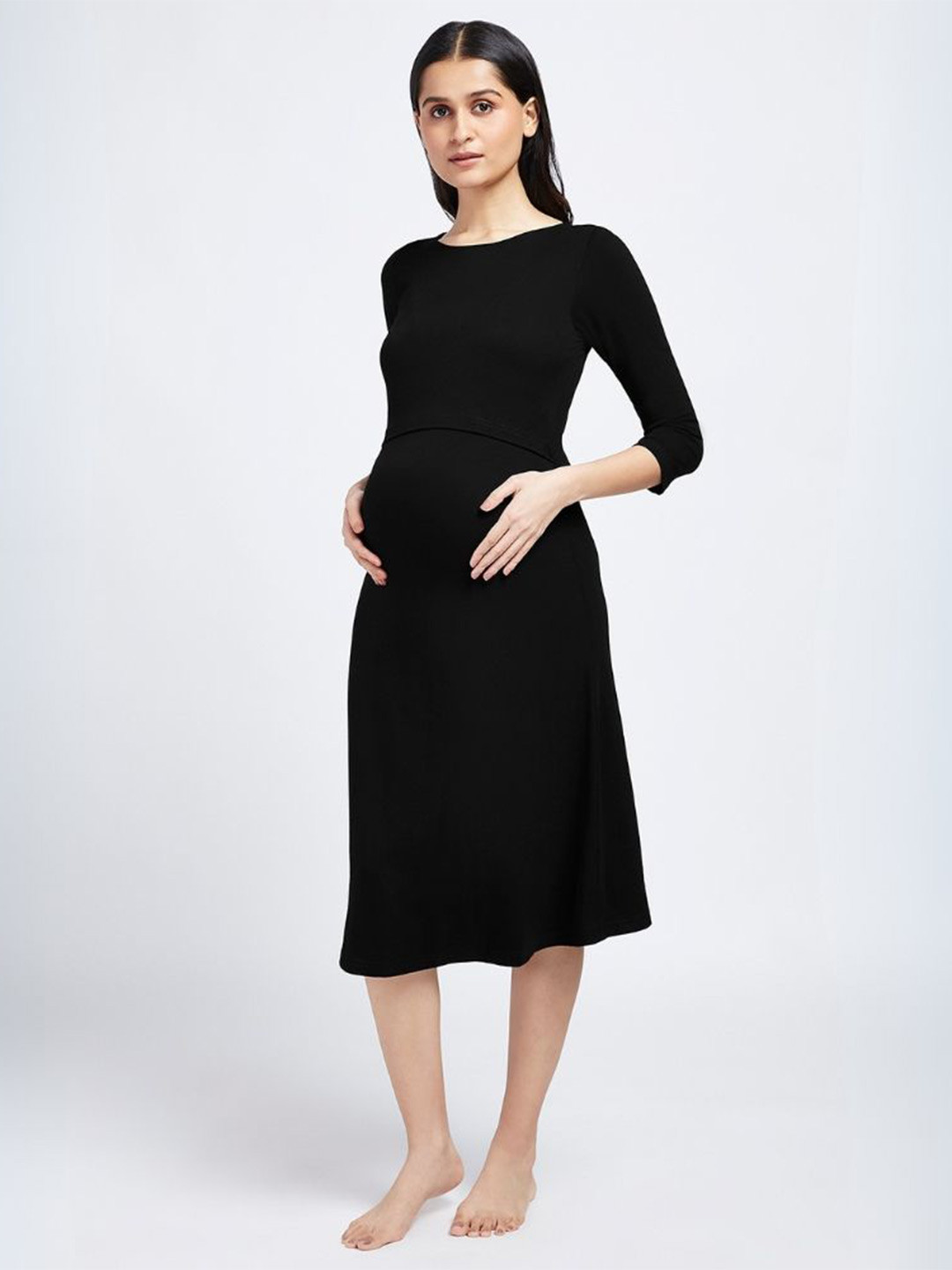 Block Hop Women Black Maternity & Nursing Midi Dress