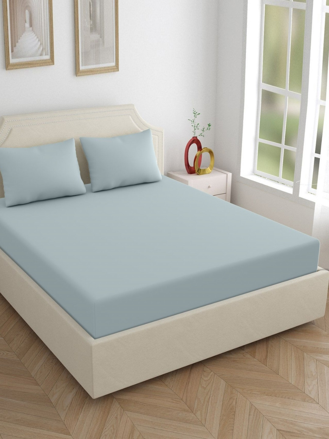 Aura Blue Polycotton 300 TC King Fine Bedsheet with 2 Pillow Covers-60 x 90 inches