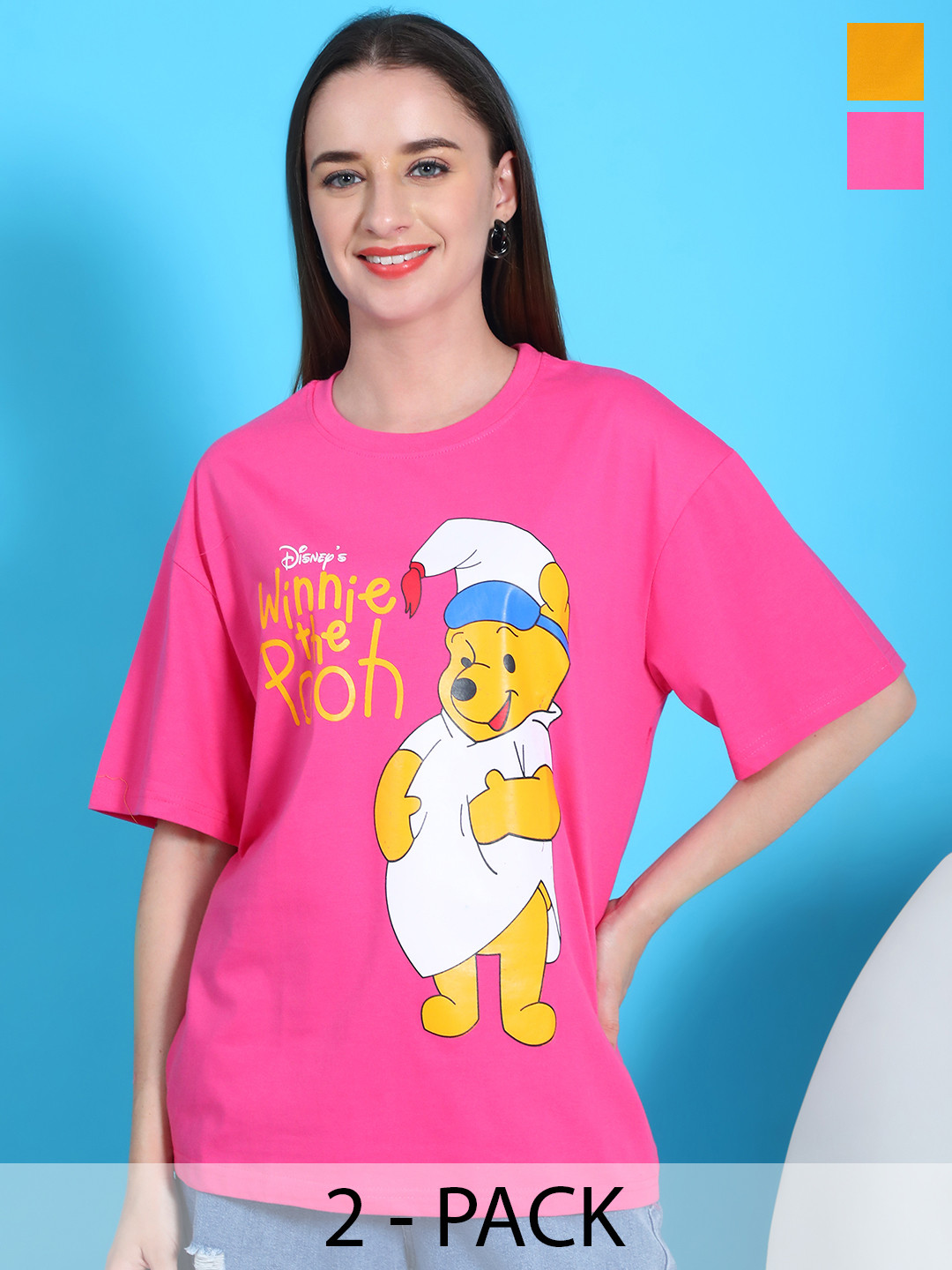 Dreambe Women Pack Of 2 Winnie The Pooh Fusion Graphic Printed Cotton Oversized T-shirts