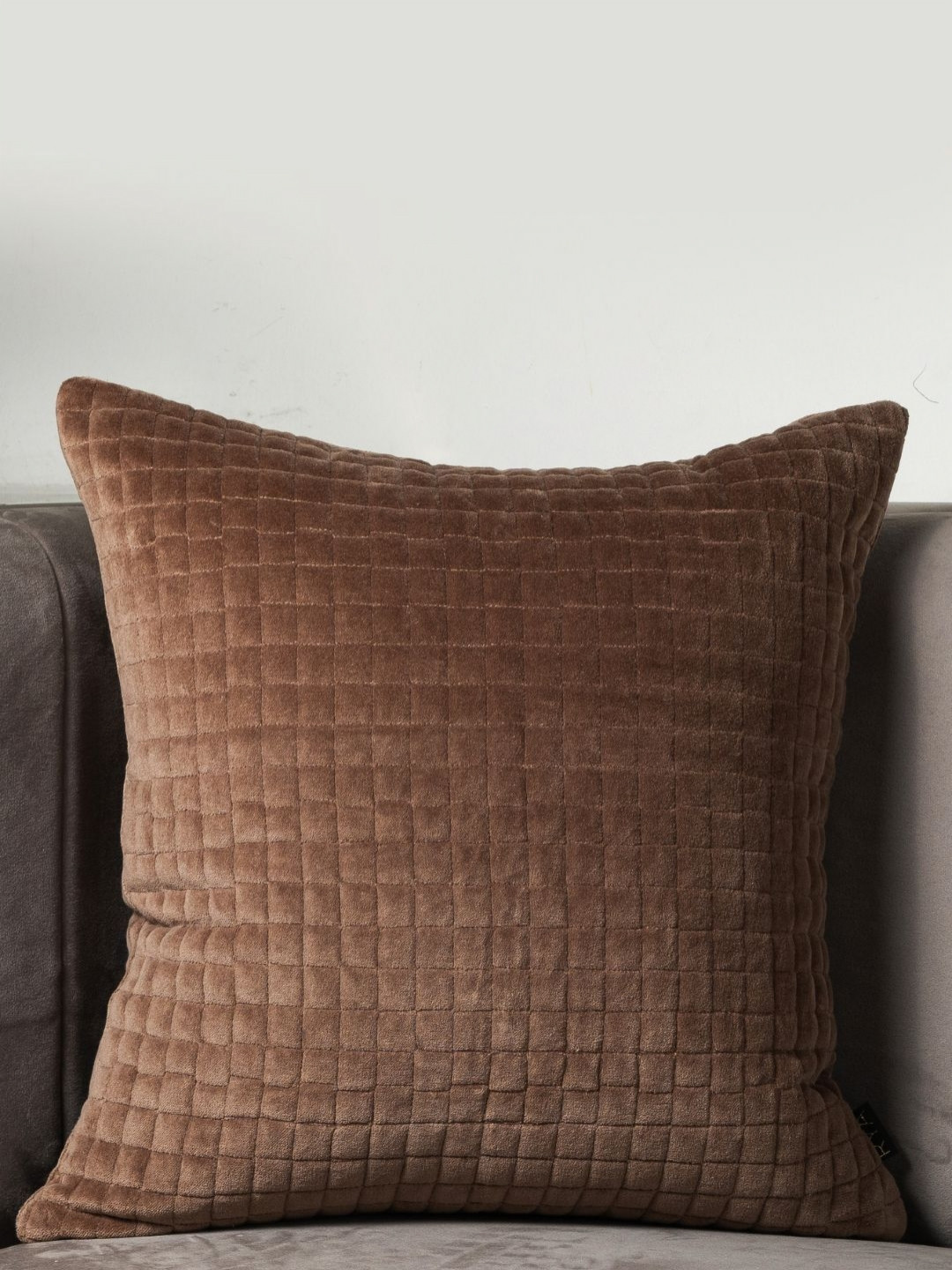 Rya Living Quilted Saddle Brown Checked Velvet Square Cushion Cover