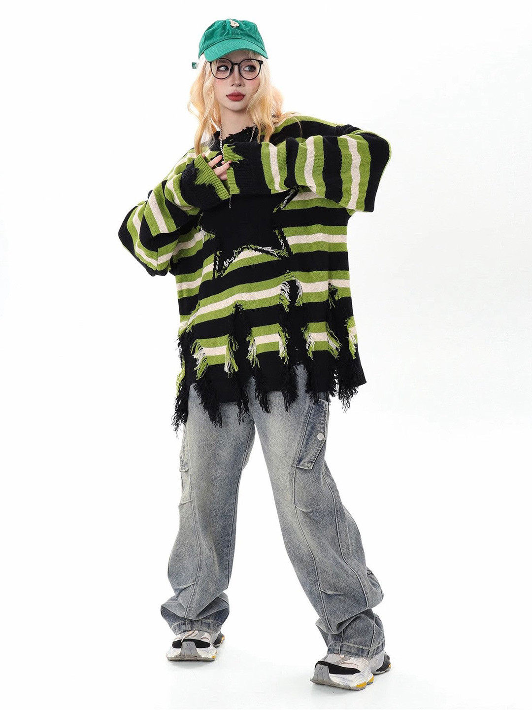 DressBerry Women Colourblocked Striped Fringed Oversized Pullover Sweater