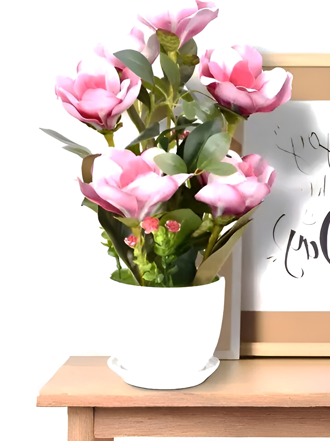 Royaloak Pink And Green Six Heads Magnolia Artificial Flower With Pot