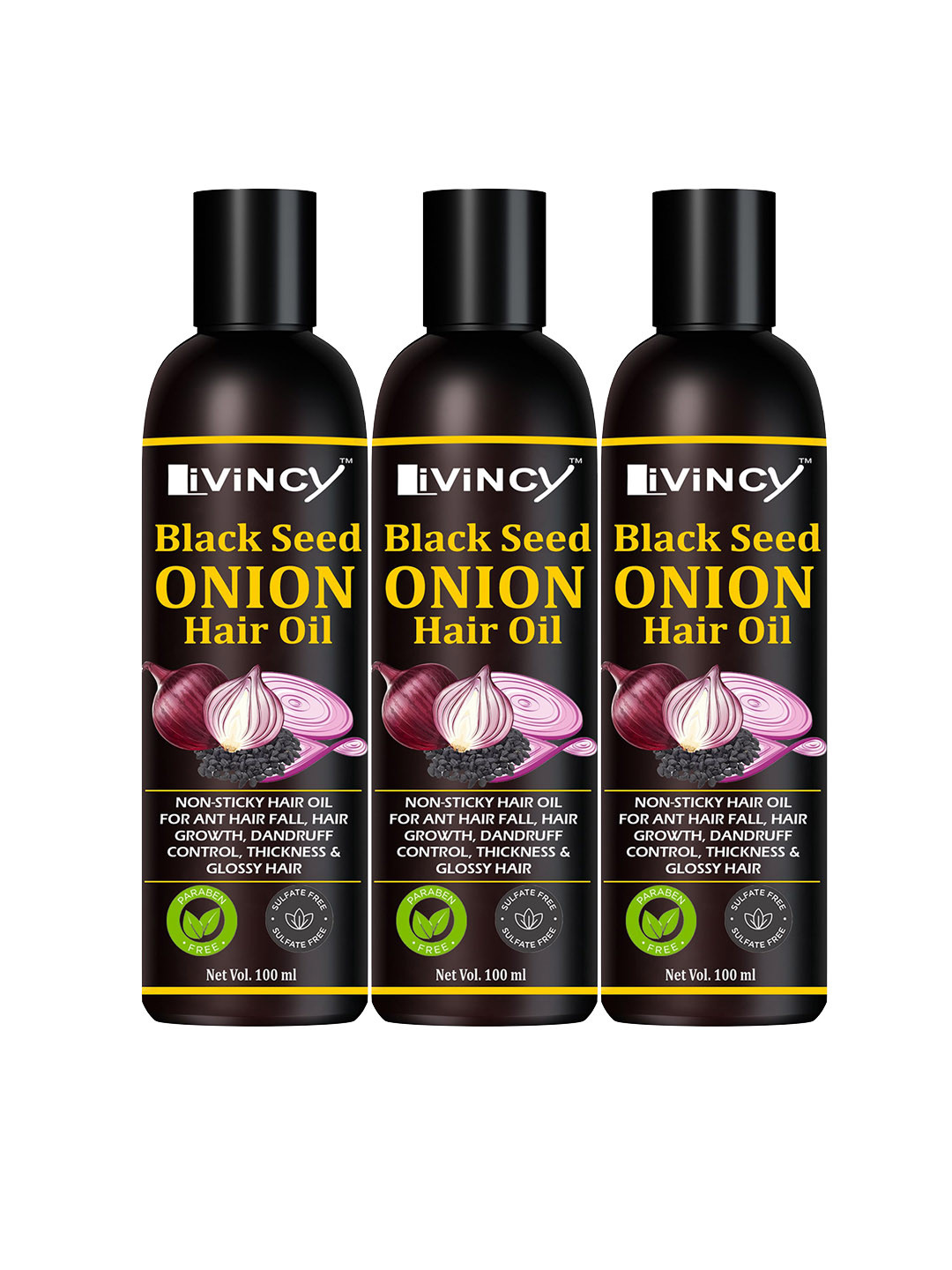 LIVINCY Set Of 3 Herbal Black Seed Onion Hair Oil For Hair Growth - 100 ml Each