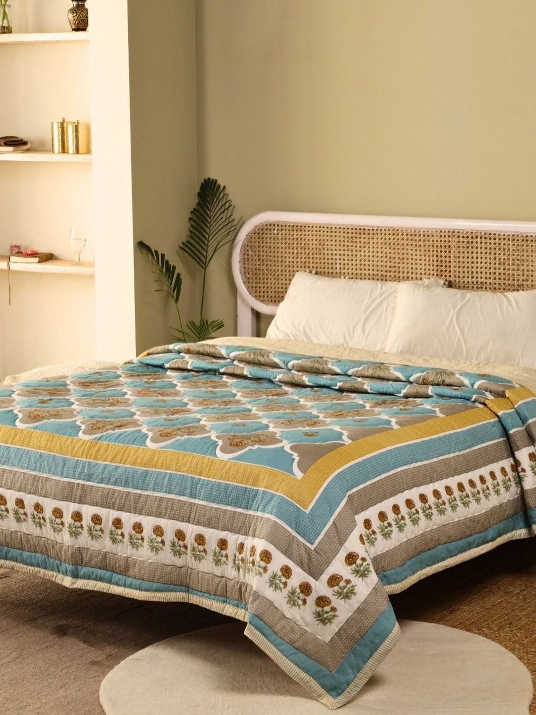 Peepul Tree Taupe Ethnic Motifs Printed 300 GSM Cotton AC Room Double Queen Bed Quilt