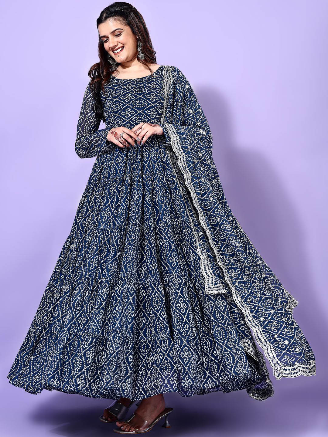 YOYO Fashion Bandhani Printed Georgette Tiered Anarkali Kurta With Trousers & Dupatta