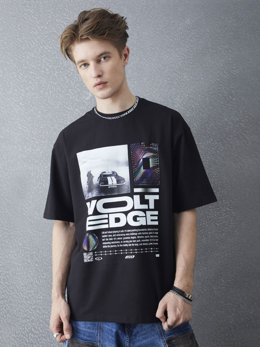 VOLTEDGE Men Graphic Printed Round Neck Cotton Oversized T-shirt